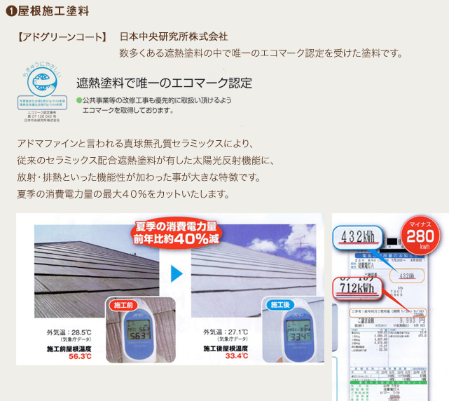 1.屋根施工塗料 アドマファインと言われる真球無孔質セラミックスにより、従来のセラミックス配合遮熱塗料が有した太陽光反射機能に、放射・排熱といった機能性が加わった事が大きな特徴です。夏季の消費電力量の最大４０％をカットいたします。